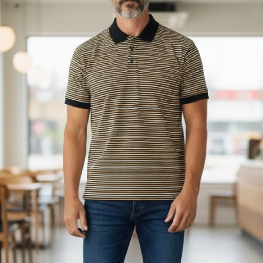 T. HARRIS London Classic Black Tan Striped Men's size Large Cotton Polo Shirt